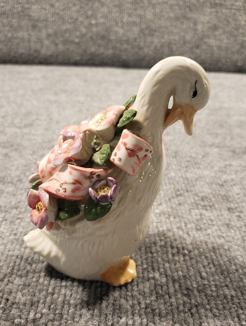 VINTAGE White Goose Duck with Handpainted Flowers & Ribbons